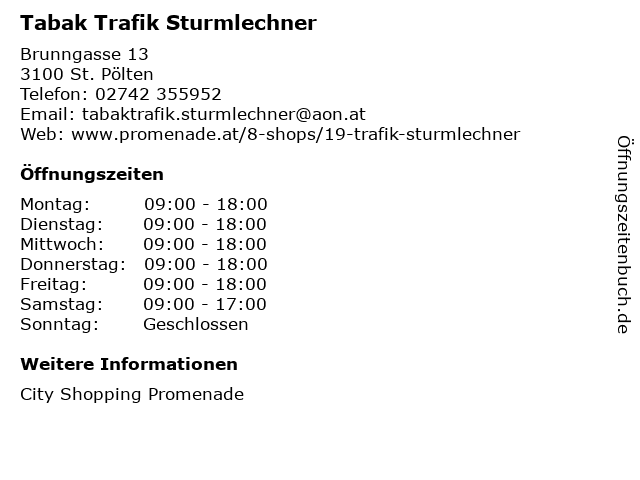 Tabak Trafik Sturmlechner in St. Pölten: Adresse und Öffnungszeiten