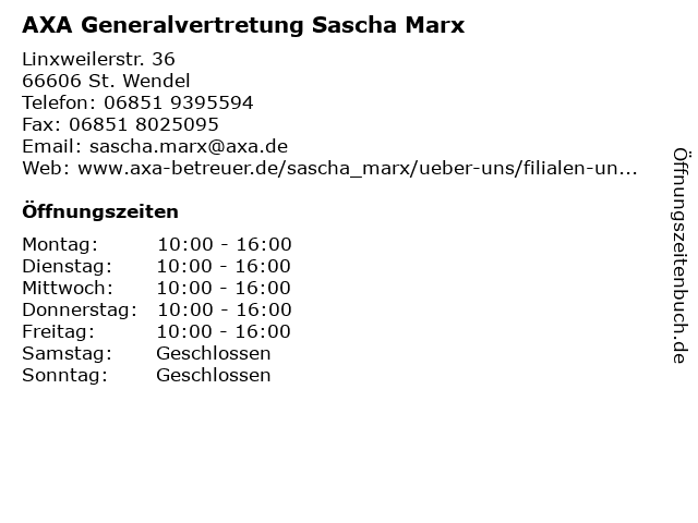AXA Generalvertretung Sascha Marx in St. Wendel: Adresse und Öffnungszeiten