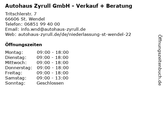Autohaus Zyrull GmbH - Verkauf + Beratung in St. Wendel: Adresse und Öffnungszeiten