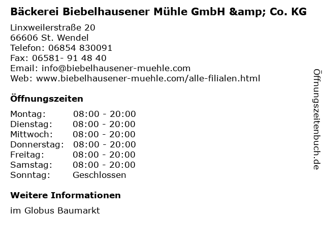 Bäckerei Biebelhausener Mühle GmbH & Co. KG in St. Wendel: Adresse und Öffnungszeiten