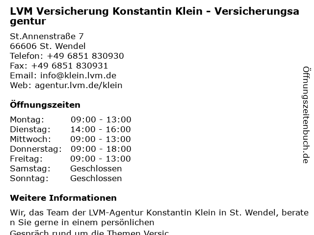 LVM Versicherung Konstantin Klein - Versicherungsagentur in St. Wendel: Adresse und Öffnungszeiten