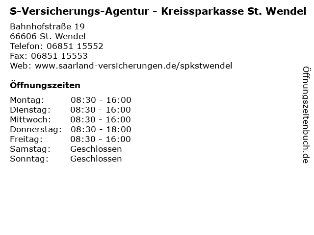 S-Versicherungs-Agentur - Kreissparkasse St. Wendel in St. Wendel: Adresse und Öffnungszeiten