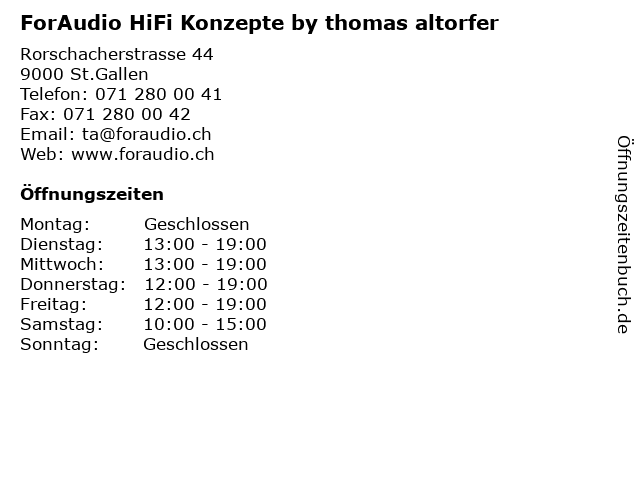 ForAudio HiFi Konzepte by thomas altorfer in St.Gallen: Adresse und Öffnungszeiten