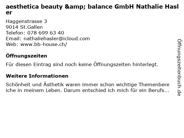aesthetica beauty & balance GmbH Nathalie Hasler in St.Gallen: Adresse und Öffnungszeiten