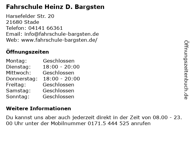 Fahrschule Heinz D. Bargsten in Stade: Adresse und Öffnungszeiten