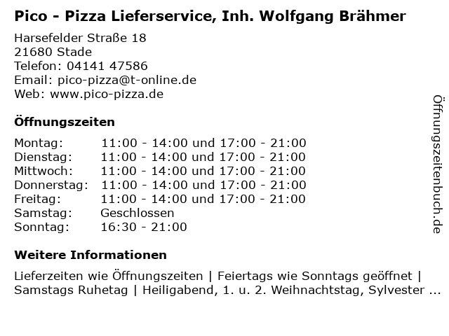 Pico - Pizza Lieferservice, Inh. Wolfgang Brähmer in Stade: Adresse und Öffnungszeiten