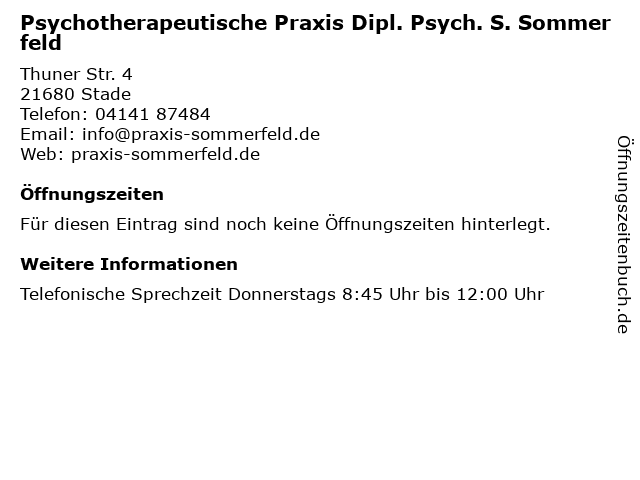 Psychotherapeutische Praxis Dipl. Psych. S. Sommerfeld in Stade: Adresse und Öffnungszeiten