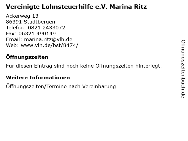 Vereinigte Lohnsteuerhilfe e.V. Marina Ritz in Stadtbergen: Adresse und Öffnungszeiten