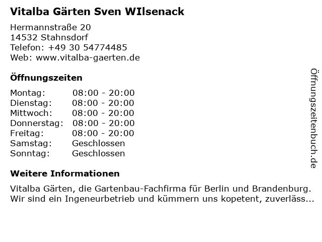 Vitalba Gärten Sven WIlsenack in Stahnsdorf: Adresse und Öffnungszeiten