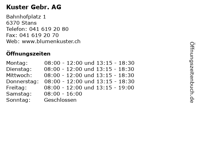 ᐅ Offnungszeiten Kuster Gebr Ag Bahnhofplatz 1 In Stans