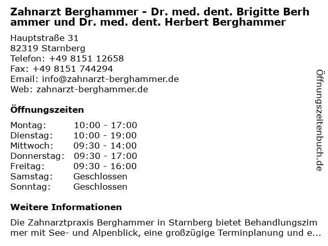 Zahnarzt Berghammer - Dr. med. dent. Brigitte Berhammer und Dr. med. dent. Herbert Berghammer in Starnberg: Adresse und Öffnungszeiten