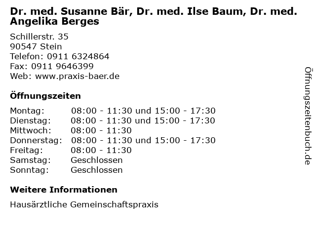 Dr. med. Susanne Bär, Dr. med. Ilse Baum, Dr. med. Angelika Berges in Stein: Adresse und Öffnungszeiten