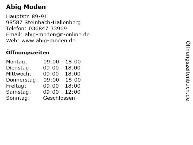 Abig Moden in Steinbach-Hallenberg: Adresse und Öffnungszeiten