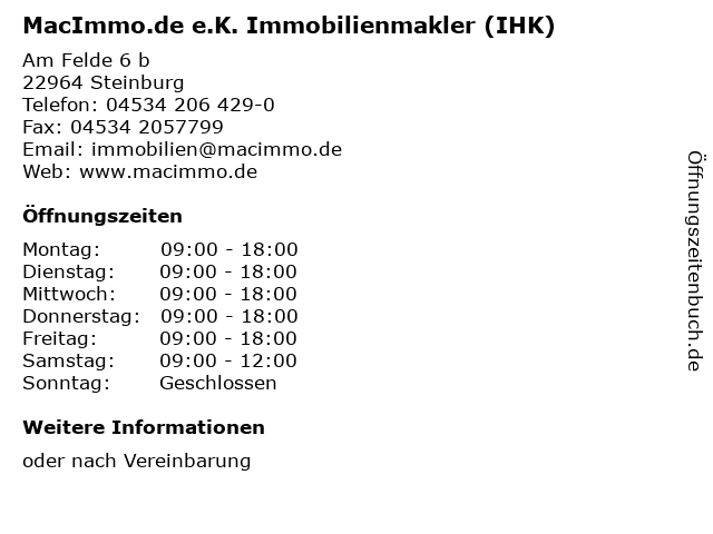 MacImmo.de e.K. Immobilienmakler (IHK) in Steinburg: Adresse und Öffnungszeiten