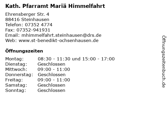 Kath. Pfarramt Mariä Himmelfahrt in Steinhausen: Adresse und Öffnungszeiten