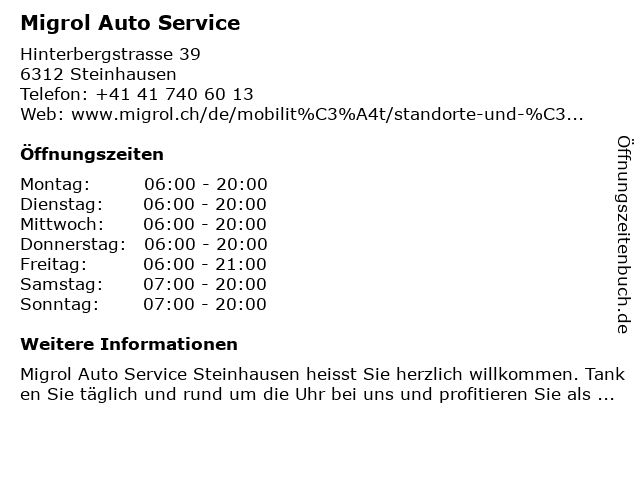 Migrol Auto Service in Steinhausen: Adresse und Öffnungszeiten
