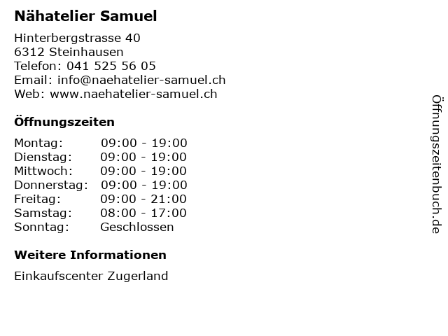 Nähatelier Samuel in Steinhausen: Adresse und Öffnungszeiten