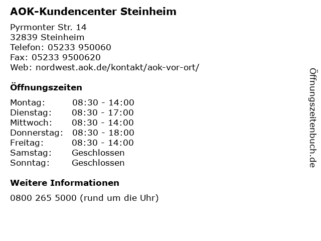 AOK-Kundencenter Steinheim in Steinheim: Adresse und Öffnungszeiten
