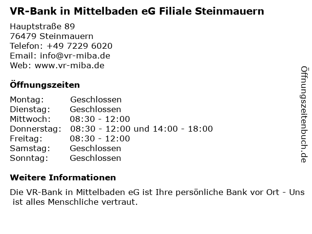 á… Offnungszeiten Vr Bank In Mittelbaden Eg Filiale Steinmauern Hauptstrasse 89 In Steinmauern