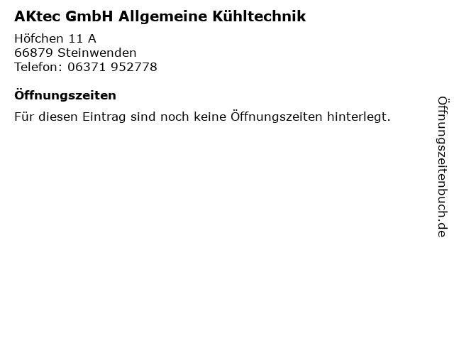 AKtec GmbH Allgemeine Kühltechnik in Steinwenden: Adresse und Öffnungszeiten