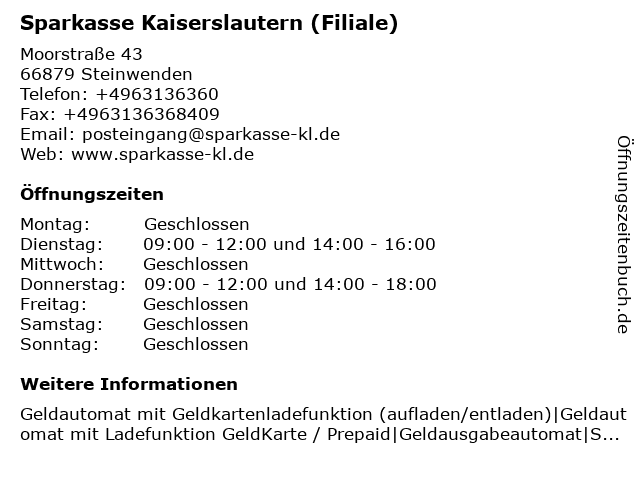 Sparkasse Kaiserslautern (Filiale) in Steinwenden: Adresse und Öffnungszeiten