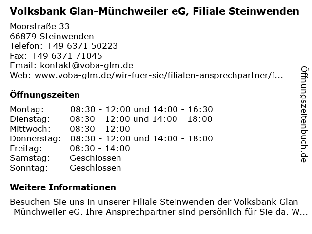 Volksbank Glan-Münchweiler eG, Filiale Steinwenden in Steinwenden: Adresse und Öffnungszeiten