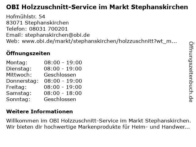 OBI Holzzuschnitt-Service im Markt Stephanskirchen in Stephanskirchen: Adresse und Öffnungszeiten