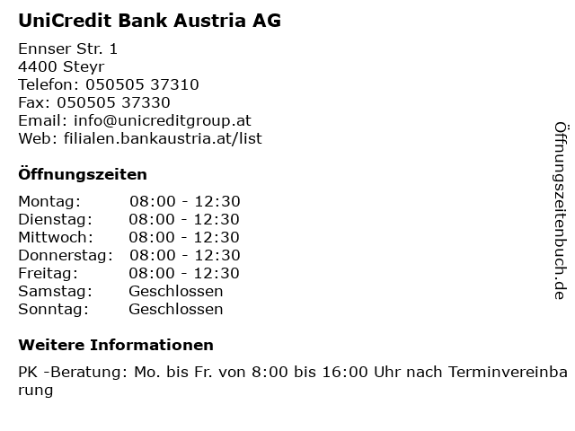 ᐅ Offnungszeiten Unicredit Bank Austria Ag Filiale Steyr Tabor