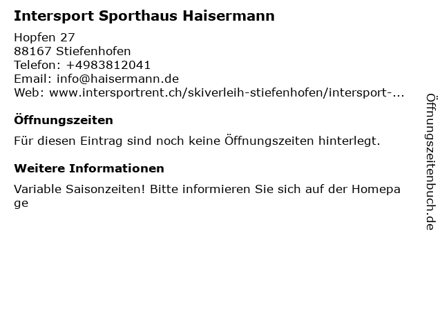 Intersport Sporthaus Haisermann in Stiefenhofen: Adresse und Öffnungszeiten
