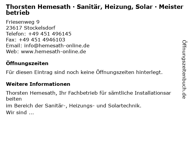 Thorsten Hemesath · Sanitär, Heizung, Solar · Meisterbetrieb in Stockelsdorf: Adresse und Öffnungszeiten