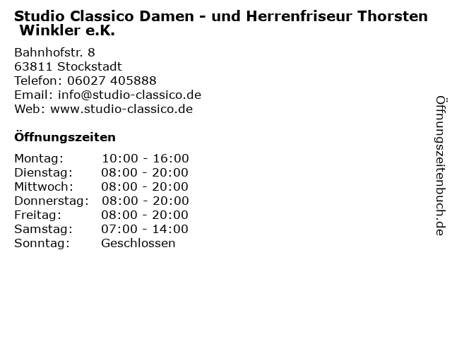 Studio Classico Damen - und Herrenfriseur Thorsten Winkler e.K. in Stockstadt: Adresse und Öffnungszeiten