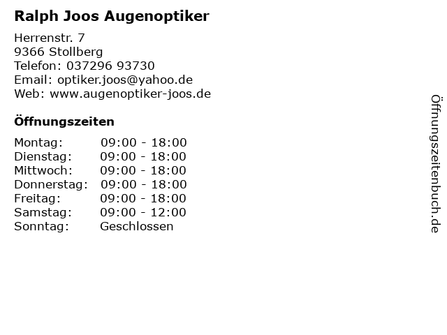 Ralph Joos Augenoptiker in Stollberg/Erzgeb: Adresse und Öffnungszeiten