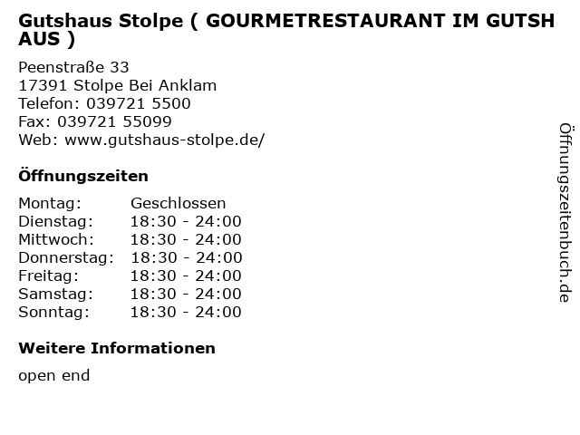 Gutshaus Stolpe ( GOURMETRESTAURANT IM GUTSHAUS ) in Stolpe Bei Anklam: Adresse und Öffnungszeiten