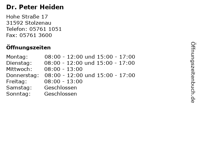 Dr. Peter Heiden in Stolzenau: Adresse und Öffnungszeiten
