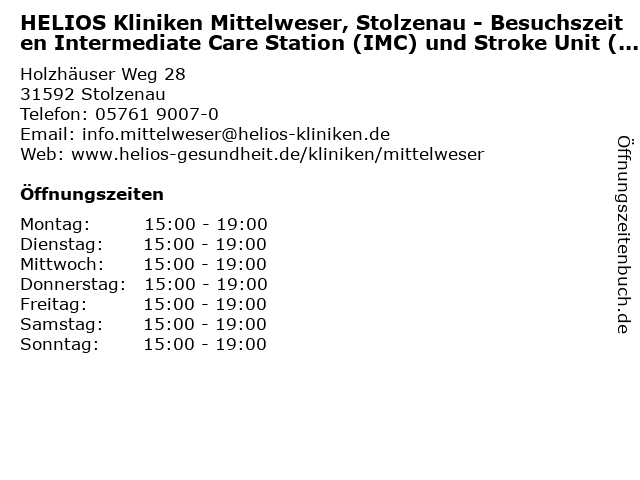 HELIOS Kliniken Mittelweser, Stolzenau - Besuchszeiten Intermediate Care Station (IMC) und Stroke Unit (Schlaganfallstation) in Stolzenau: Adresse und Öffnungszeiten