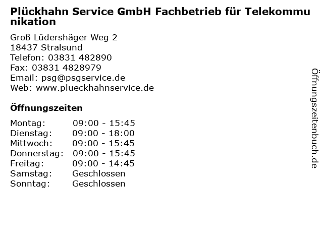 Plückhahn Service GmbH Fachbetrieb für Telekommunikation in Stralsund: Adresse und Öffnungszeiten