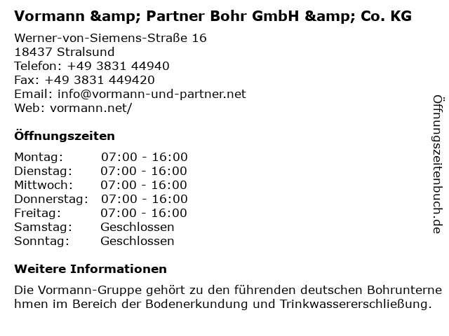 Vormann & Partner Bohr GmbH & Co. KG in Stralsund: Adresse und Öffnungszeiten