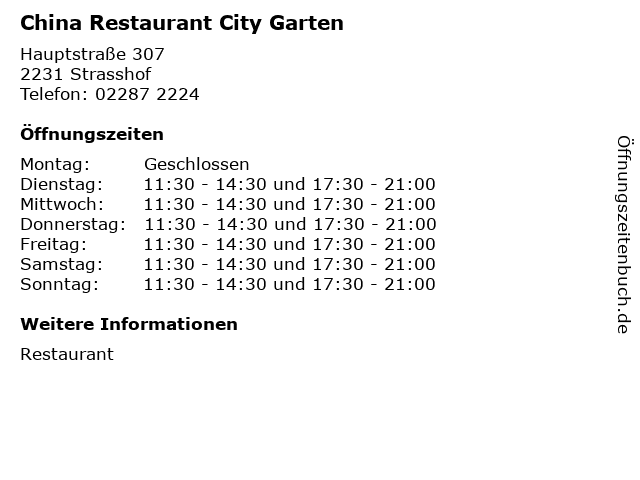 ᐅ Offnungszeiten China Restaurant City Garten Hauptstrasse 307