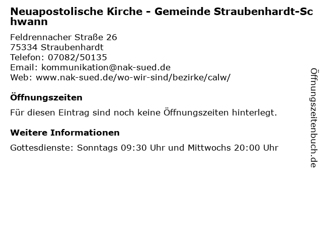 Neuapostolische Kirche - Gemeinde Straubenhardt-Schwann in Straubenhardt: Adresse und Öffnungszeiten