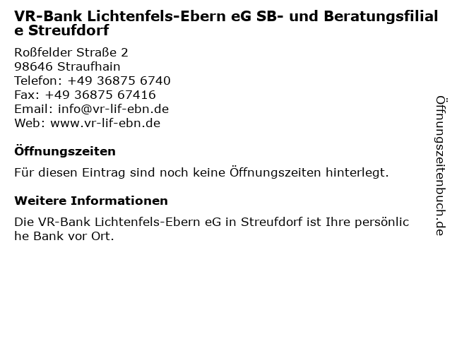 á… Offnungszeiten Vr Bank Lichtenfels Ebern Eg Geschaftsstelle Streufdorf Rossfelder Strasse 2 In Straufhain