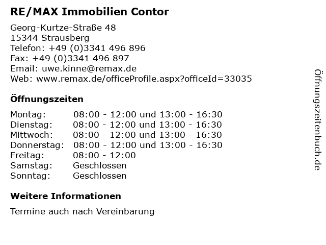 RE/MAX Immobilien Contor in Strausberg: Adresse und Öffnungszeiten