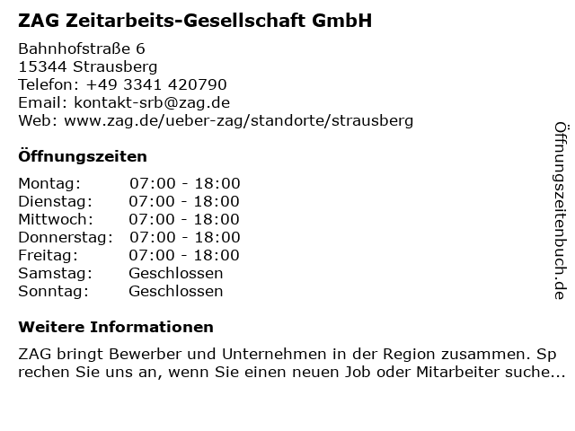 ZAG Zeitarbeits-Gesellschaft GmbH in Strausberg: Adresse und Öffnungszeiten