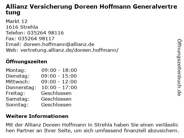 ᐅ Offnungszeiten Allianz Versicherung Generalvertretung Doreen Hoffmann Markt 12 In Strehla