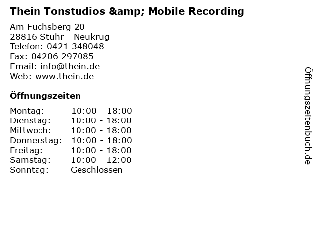 Thein Tonstudios & Mobile Recording in Stuhr - Neukrug: Adresse und Öffnungszeiten