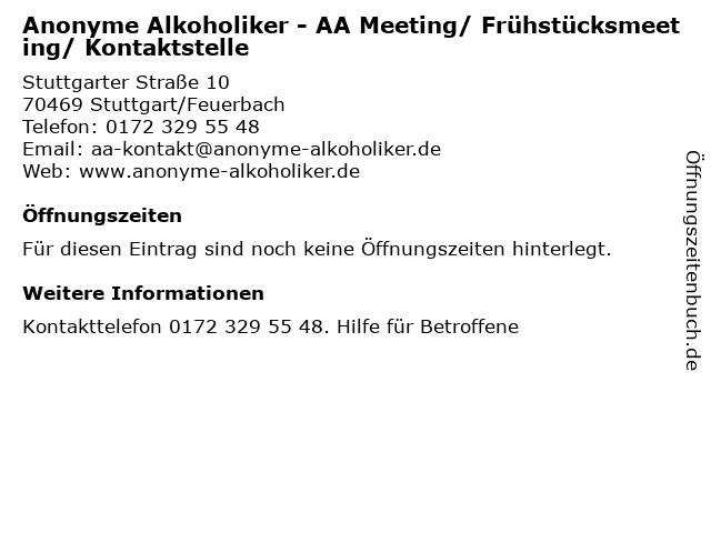 Anonyme Alkoholiker - AA Meeting/ Frühstücksmeeting/ Kontaktstelle in Stuttgart/Feuerbach: Adresse und Öffnungszeiten