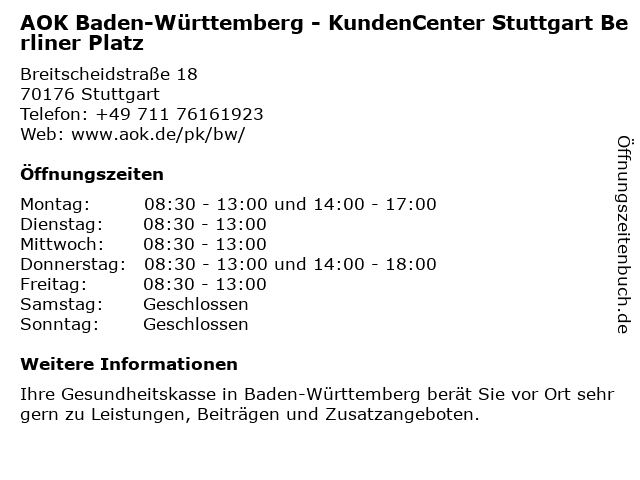 AOK Baden-Württemberg - KundenCenter Stuttgart Berliner Platz in Stuttgart: Adresse und Öffnungszeiten