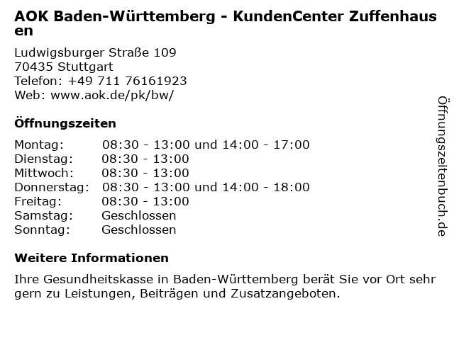 AOK Baden-Württemberg - KundenCenter Zuffenhausen in Stuttgart: Adresse und Öffnungszeiten