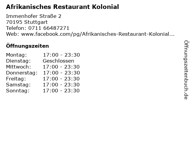 Afrikanisches Restaurant Kolonial in Stuttgart: Adresse und Öffnungszeiten