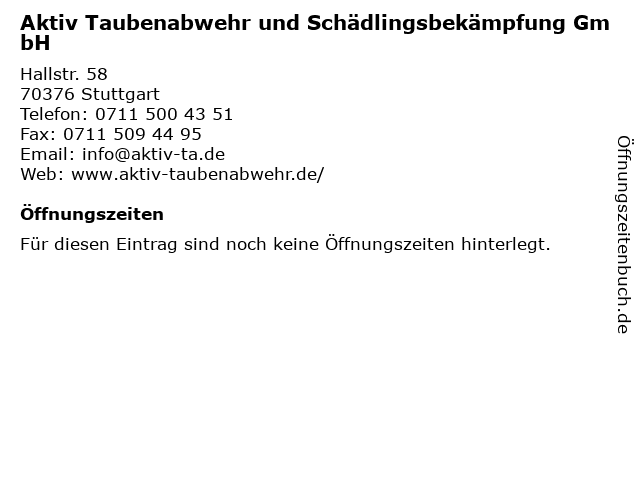Aktiv Taubenabwehr und Schädlingsbekämpfung GmbH in Stuttgart: Adresse und Öffnungszeiten