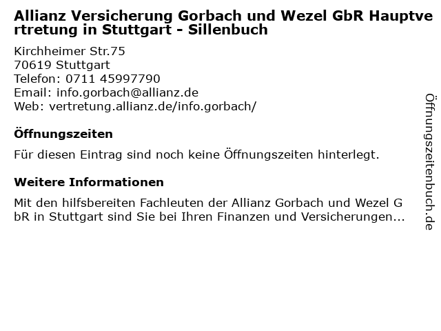 Allianz Versicherung Gorbach und Wezel GbR Hauptvertretung in Stuttgart - Sillenbuch in Stuttgart: Adresse und Öffnungszeiten